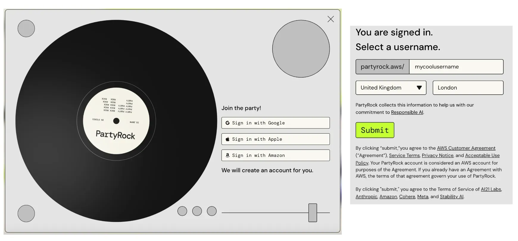 Signing in and selecting a username